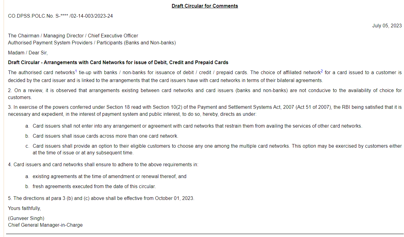 Arrangements with Card Networks for issue of Debit, Credit and Prepaid Cards.