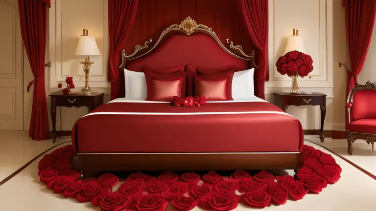 Luxurious Hotel Room Adorned With An Array Of Red Roses And Decadent Chocolates, Creating A Romantic Atmosphere For An Unforgettable Free Vacation Night.