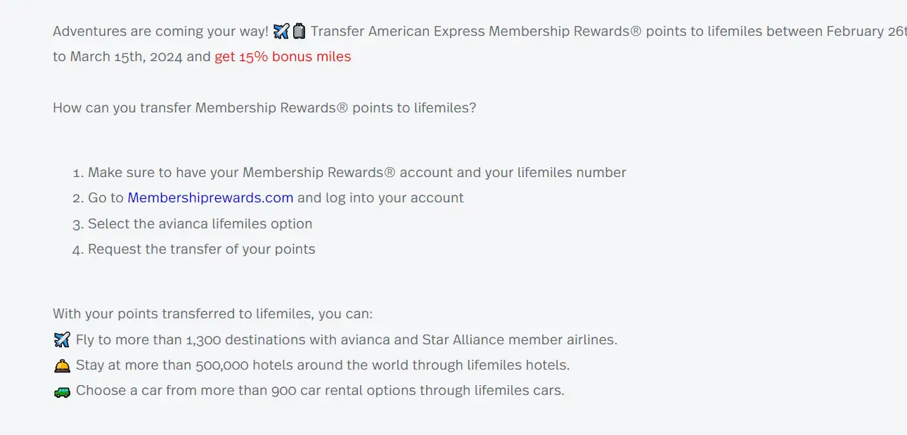Transfer American Express Membership Rewards® Points To Lifemiles Between February 26th To March 15th, 2024 And Get 15% Bonus Miles