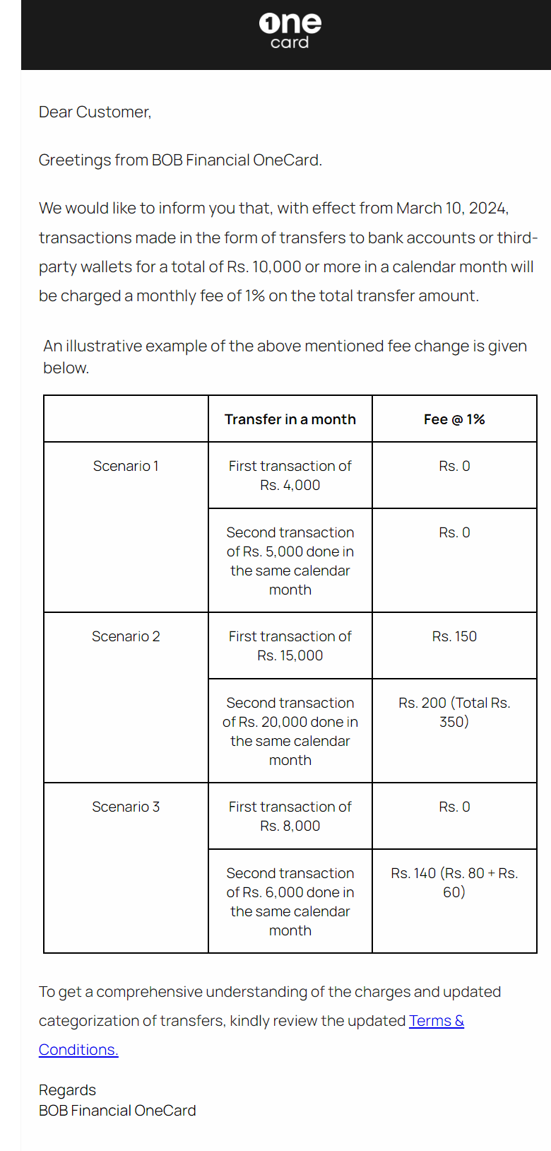 BOB Financial OneCard will charge a 1% Transfer Fee